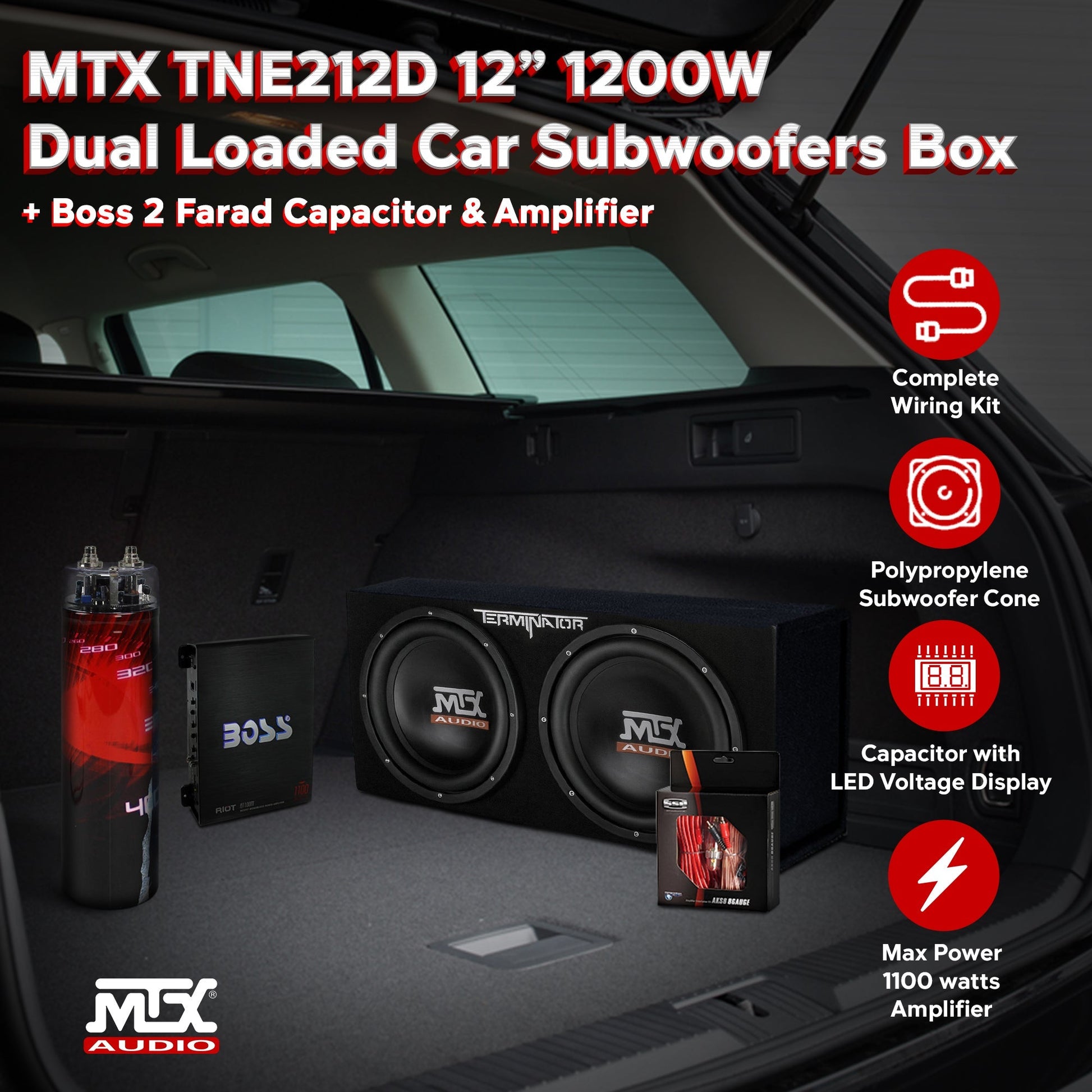MTX TNE212D 12" 1200W Dual Loaded Car Subwoofer & 1100W Amp with Kit & Capacitor - Find Fresh Goods
