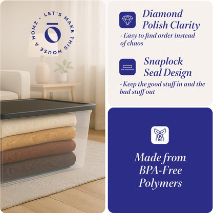 Homz 56 Qt Stackable Plastic Storage Container w/Snaplock Lid, Gray (2 Pack)