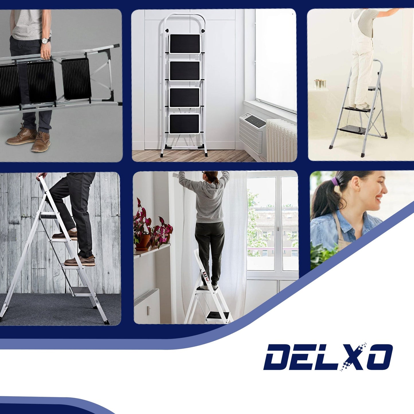 Delxo Alloy Steel Folding 4 Step Stool Portable Ladder with Hand Grip, White