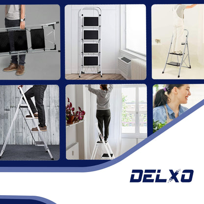 Delxo Alloy Steel Folding 4 Step Stool Portable Ladder with Hand Grip, White