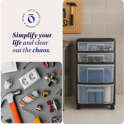 Homz Plastic 4 Drawer Medium Home Storage Container, Clear Drawers & Black Frame