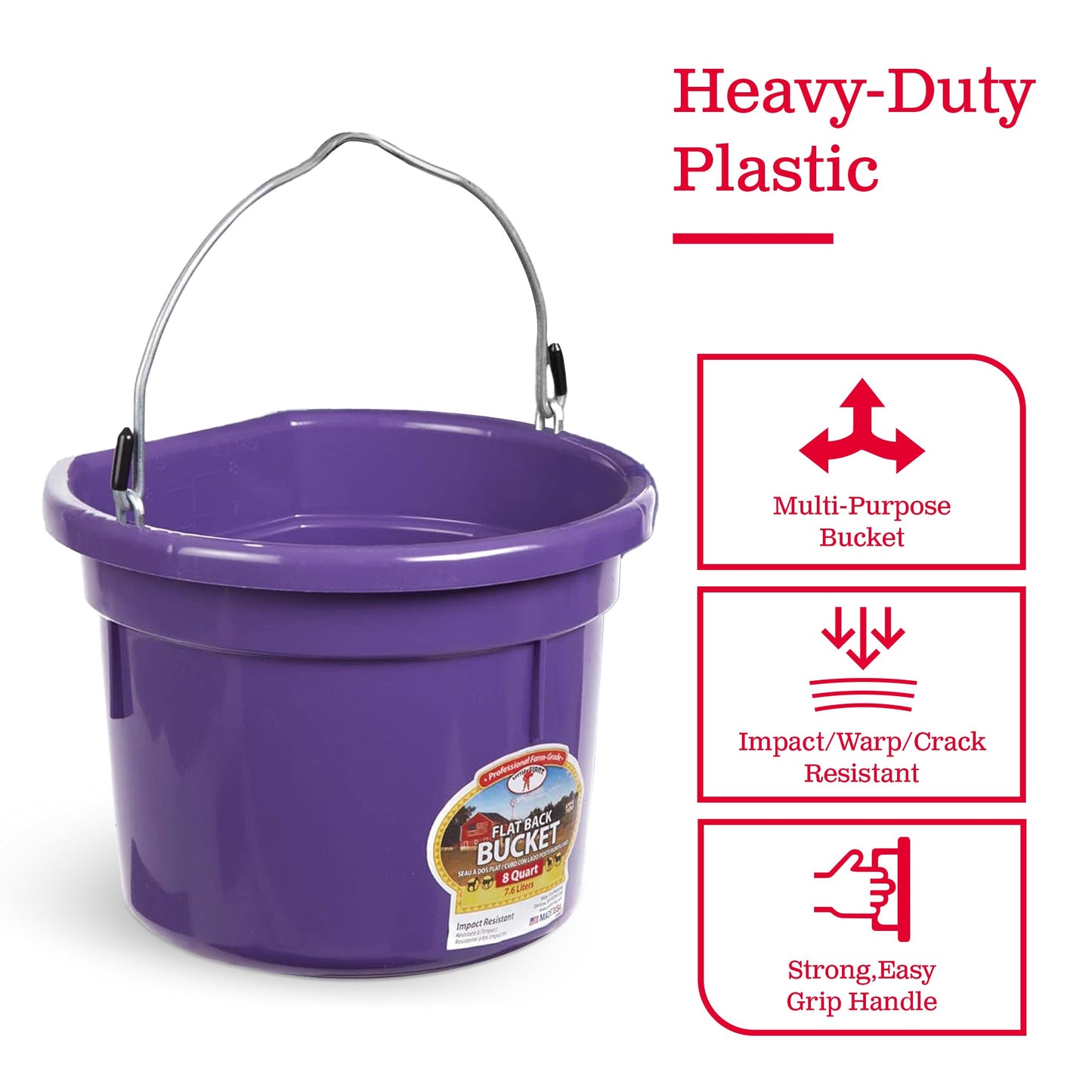 Little Giant 2 Gallon All Purpose Flat Back Plastic Bucket, Purple, (12 Pack)
