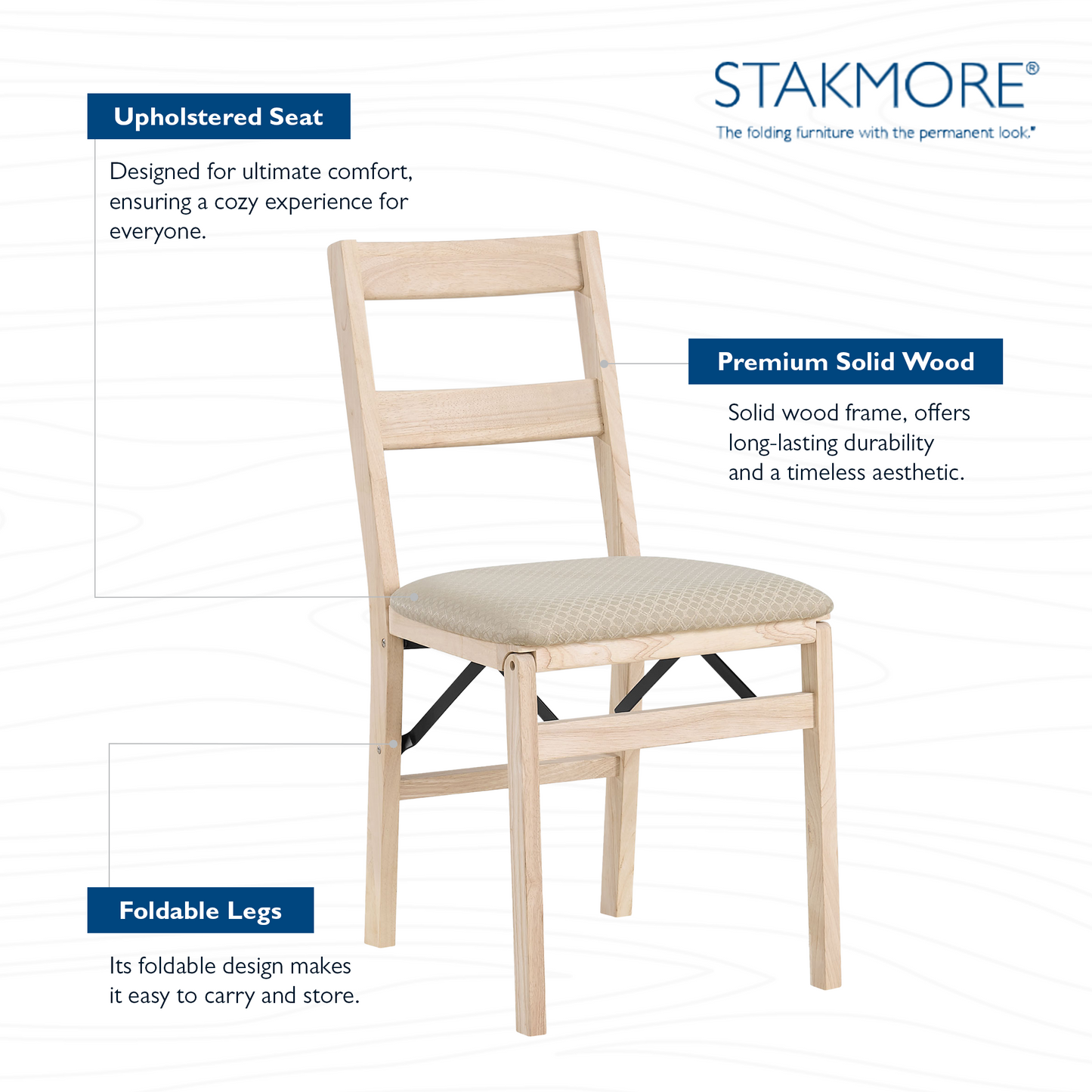 Stakmore Classic Upholstered Seat Solid Folding Chairs, Set of 2, Unfinished