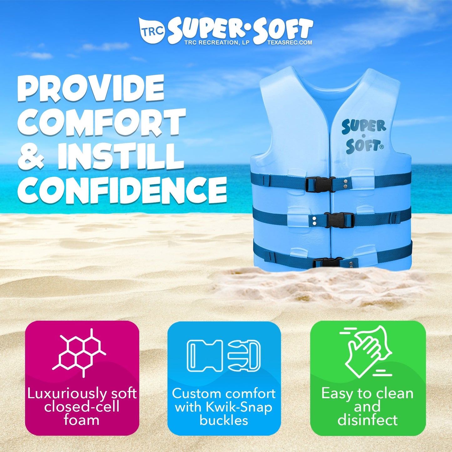 TRC Recreation Super Soft Adult XS Life Jacket Vinyl Coated Foam Swim Vest, Blue