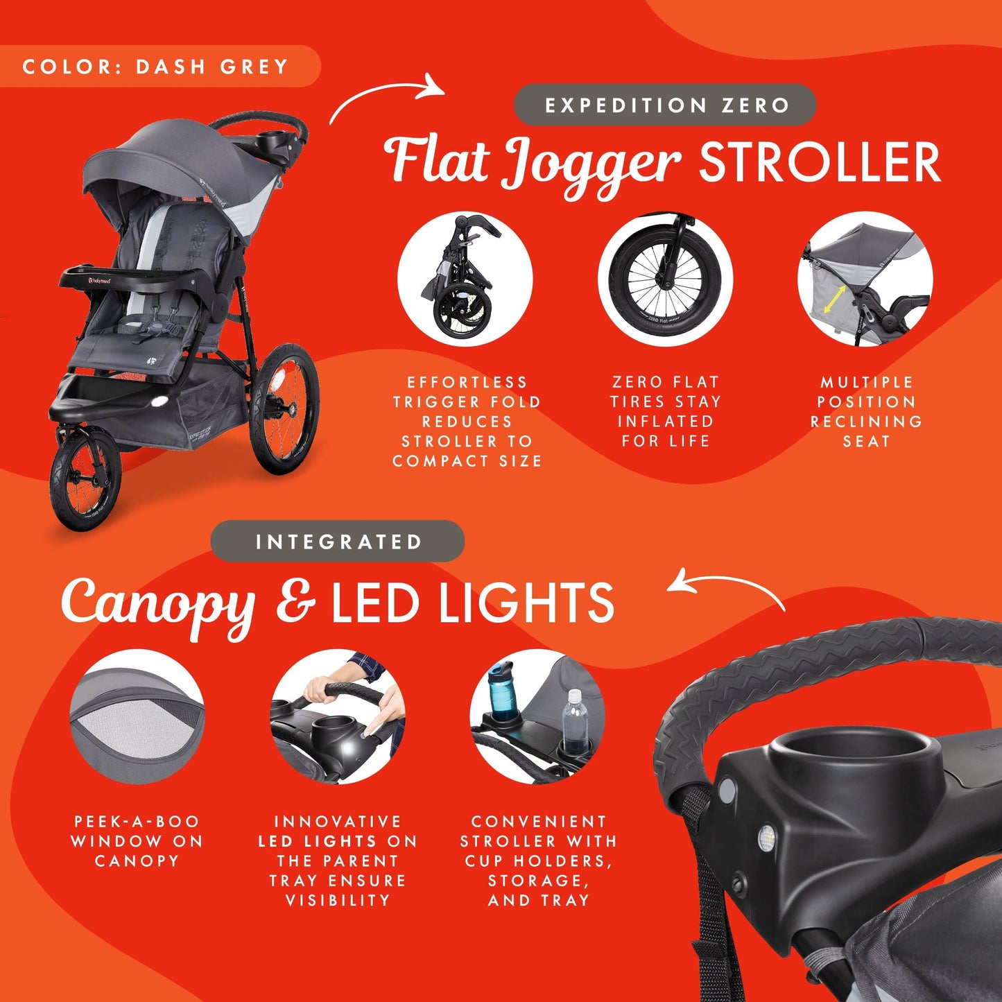 Baby Trend Expedition Zero Flat Jogger Stroller w/Canopy & LED Lights, Dash Grey