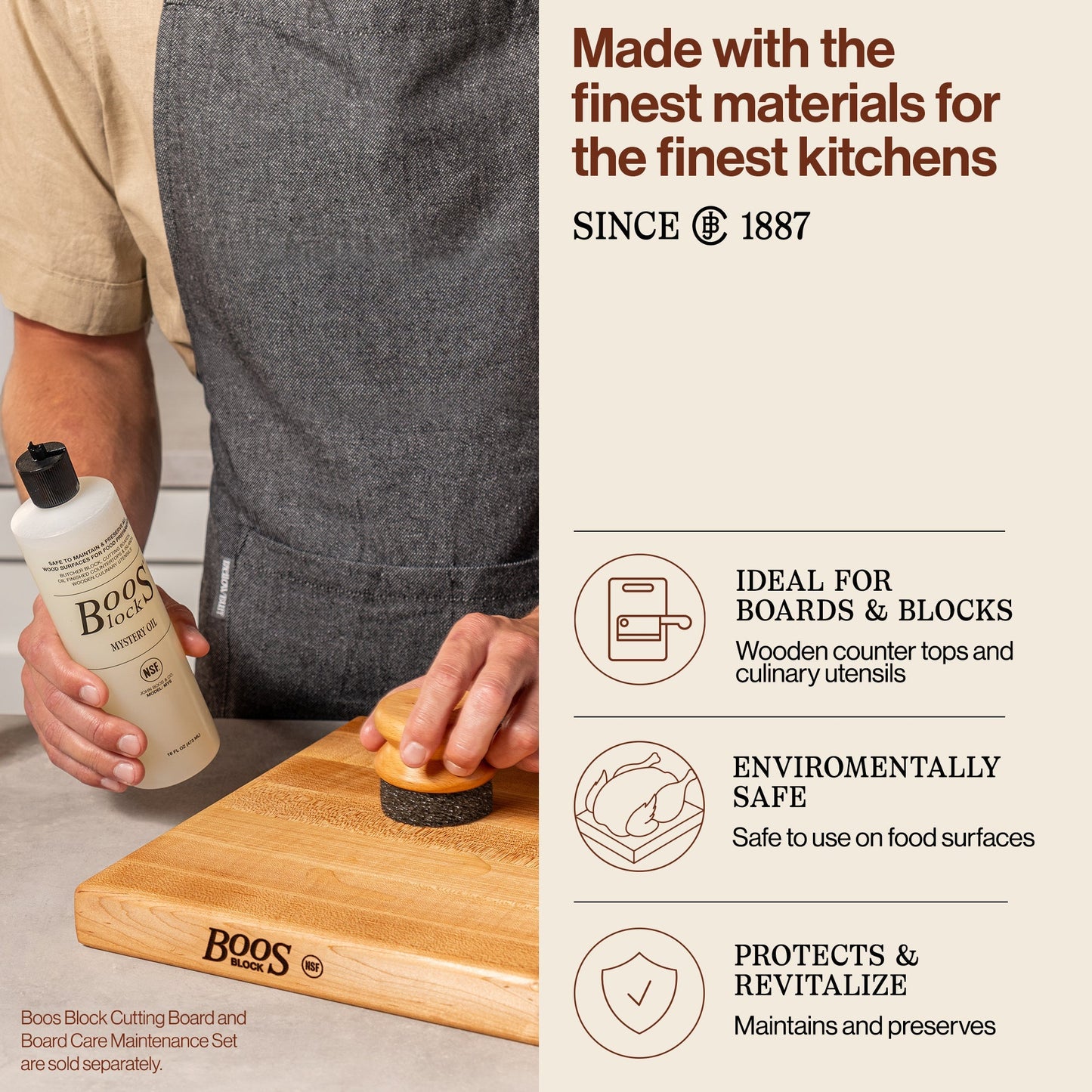 John Boos Block 16 fl oz Mystery Oil & Applicator Wooden Cutting Board Care Set