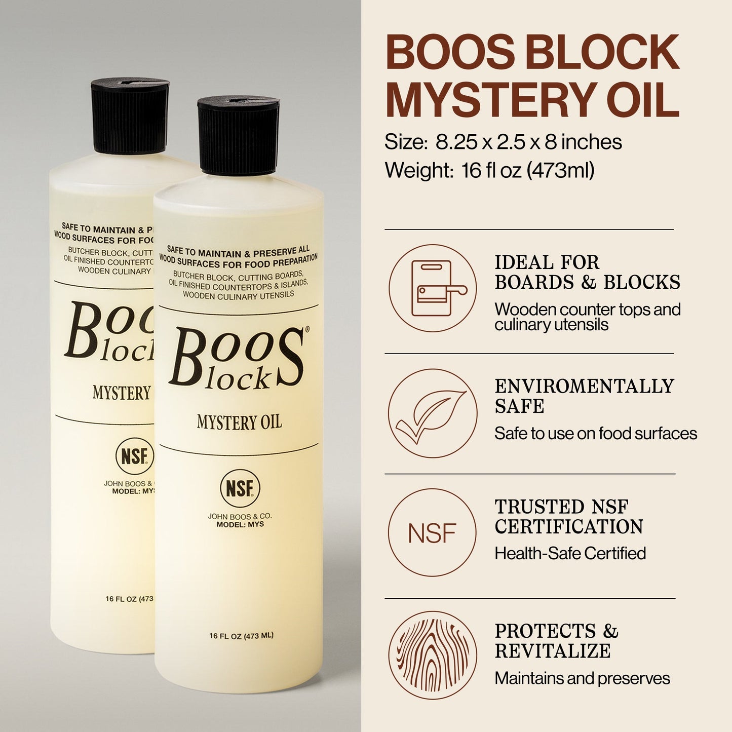 John Boos Block 32 fl oz Mystery Oil & Applicator Wooden Cutting Board Care Set
