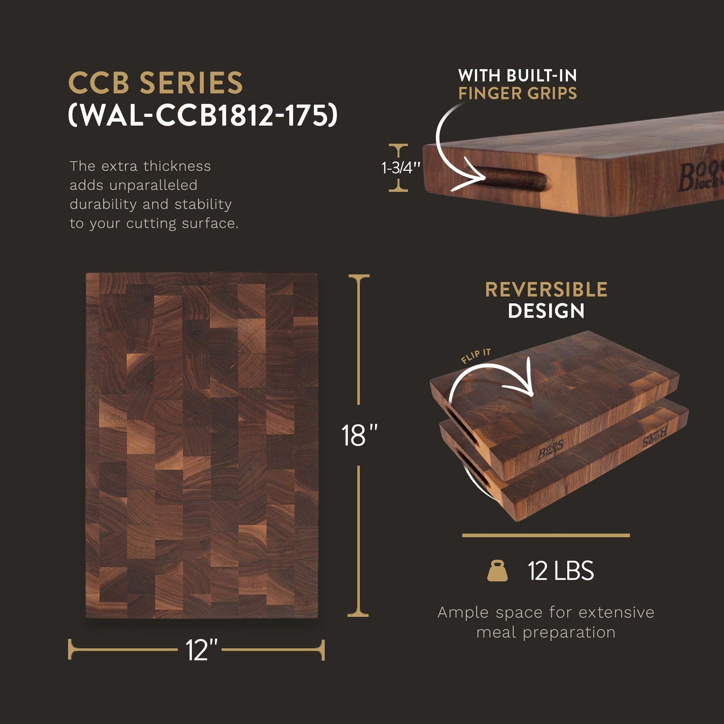 John Boos Walnut Wood Edge Grain Reversible Cutting Board, 18 x 12 x 1.75 Inches