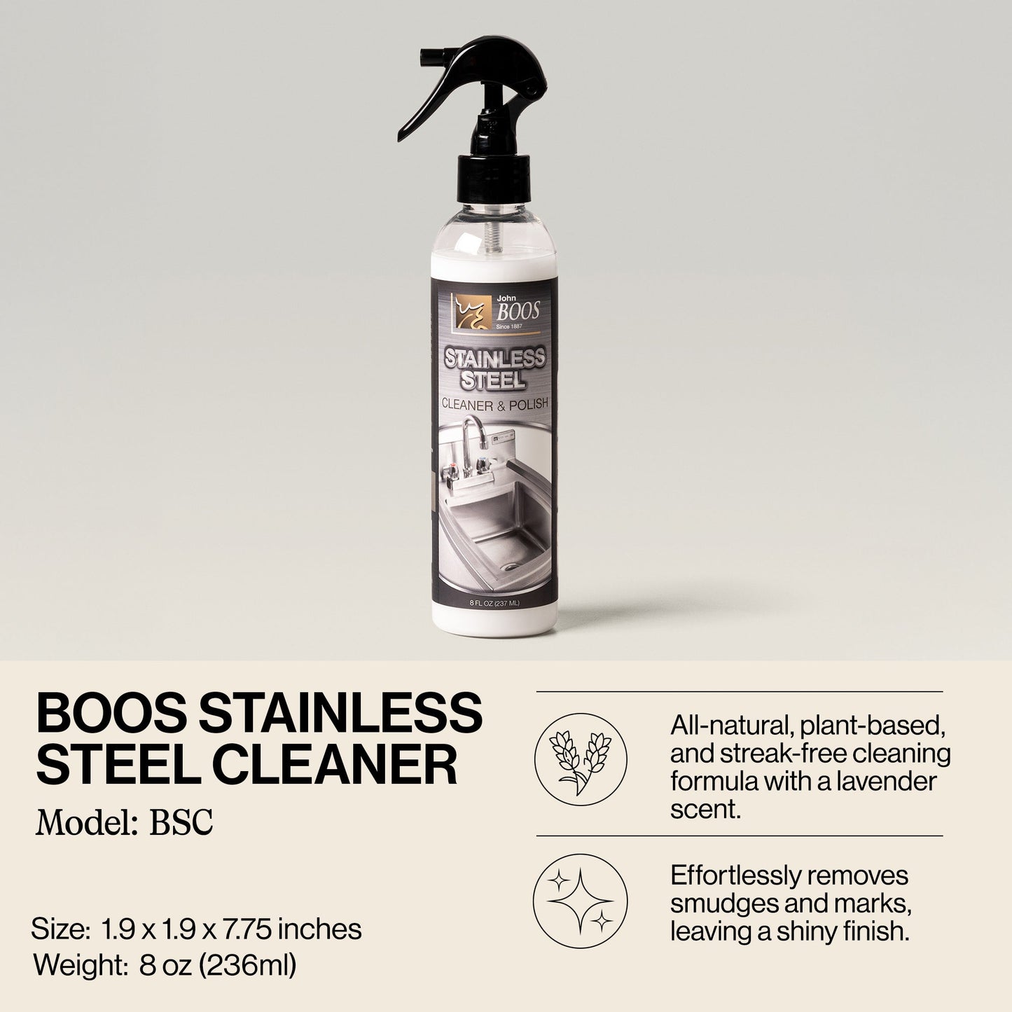 John Boos All Natural 8 Ounce Bottle Stainless Steel Surface Cleaner and Polish