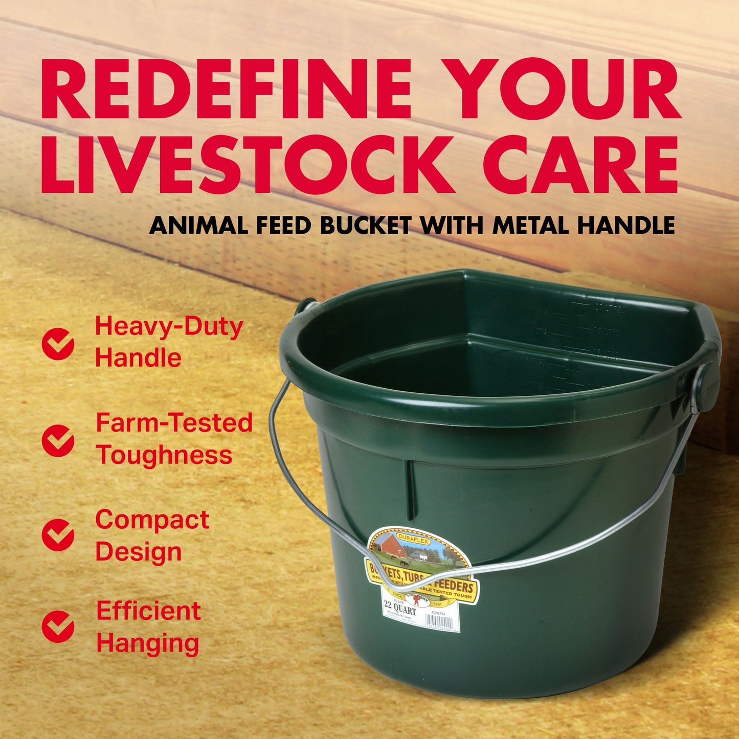 Little Giant 22 Quart Flat Plastic Animal Feed Bucket with Knob Bail, Green