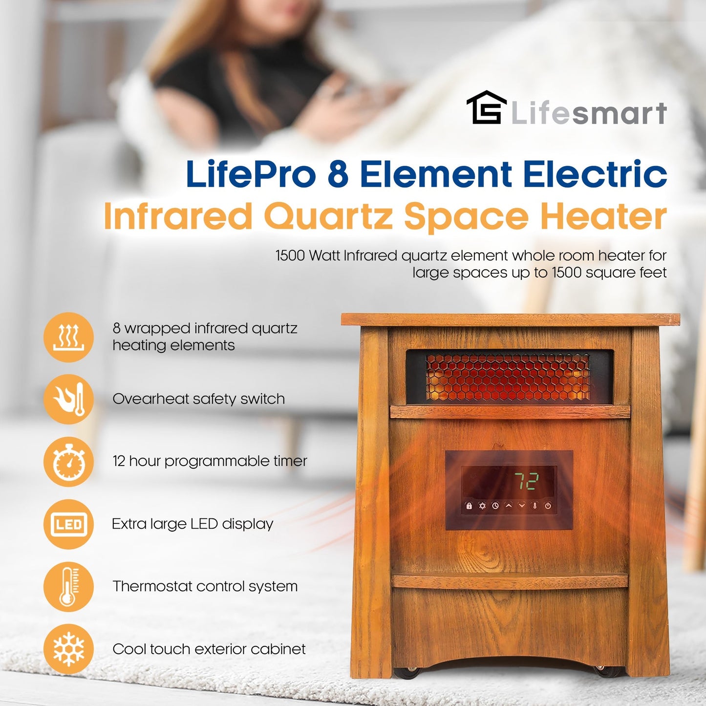 Lifesmart Lifelux 8 Element Electric Infrared Large Room Space Heater (2 Pack)