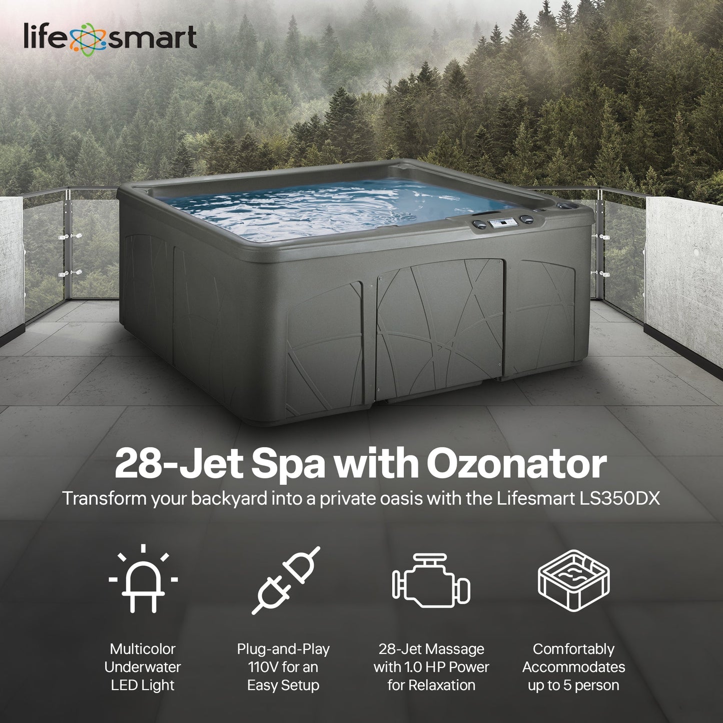 Lifesmart Spas 5 Person Plug and Play 28 Jet LED Outdoor Hot Tub, LS350DX, Taupe