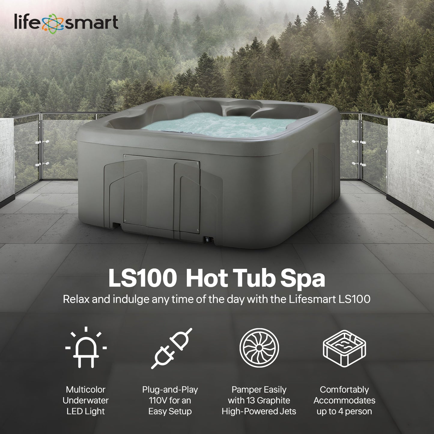 LifeSmart LS100 Taupe 4 Person Plug and Play Square Hot Tub Spa with Black Cover