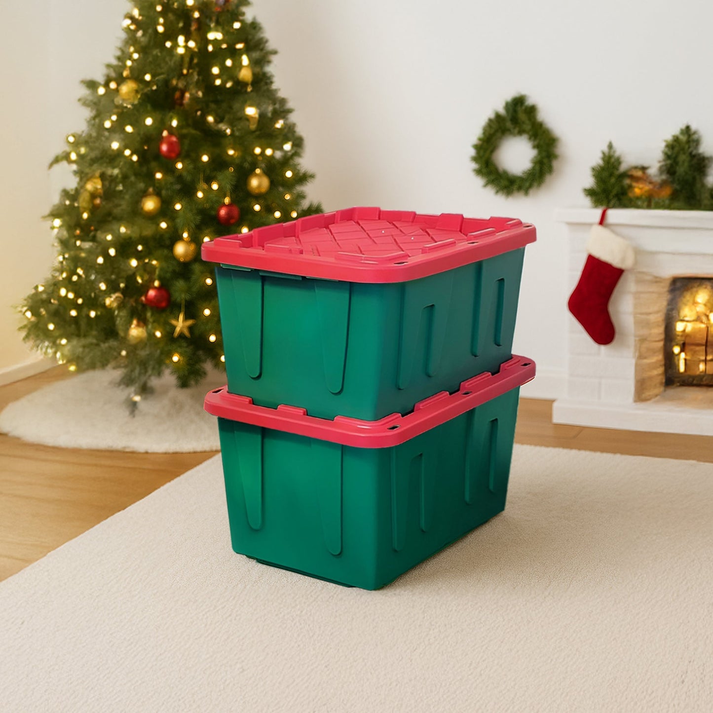HOMZ Durabilt 27 Gallon Heavy Duty Holiday Storage Tote, Green/Red (2 Pack)