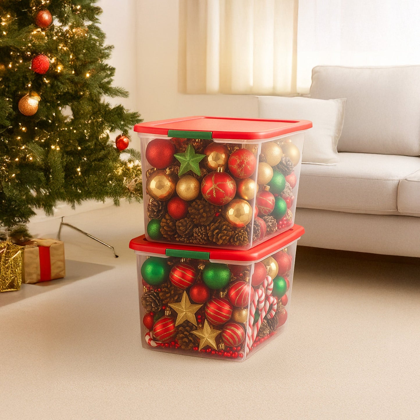 Homz 64 Qt Secure Latch Clear Plastic Storage Container Bin w/ Red Lid, 2 Pack