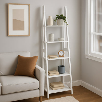 PJ Wood 5 Tier Wooden Ladder Shelf Organizer Bookcase Home Display Stand, White