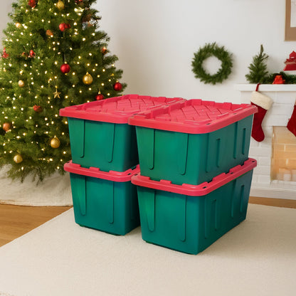 HOMZ Durable 27 Gallon Heavy Duty Holiday Storage Tote, Green/Red, (4 Pack)