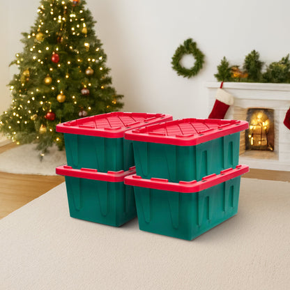 HOMZ Durabilt 15 Gallon Heavy Duty Holiday Storage Tote, Green/Red (4 Pack)