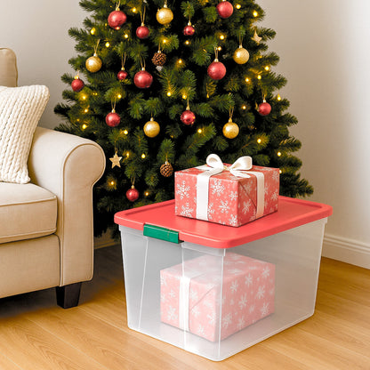 Homz 64 Qt Secure Latch Clear Plastic Storage Container Bin w/ Red Lid, 2 Pack