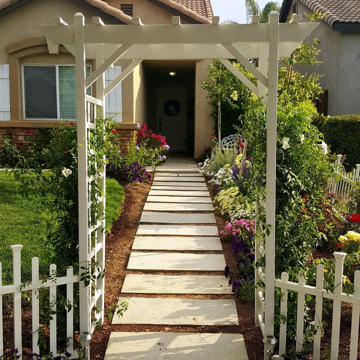 Dura-Trel Elmwood Arbor 57" x 84" PVC Outdoor Garden Arch Lattice Trellis, Mocha