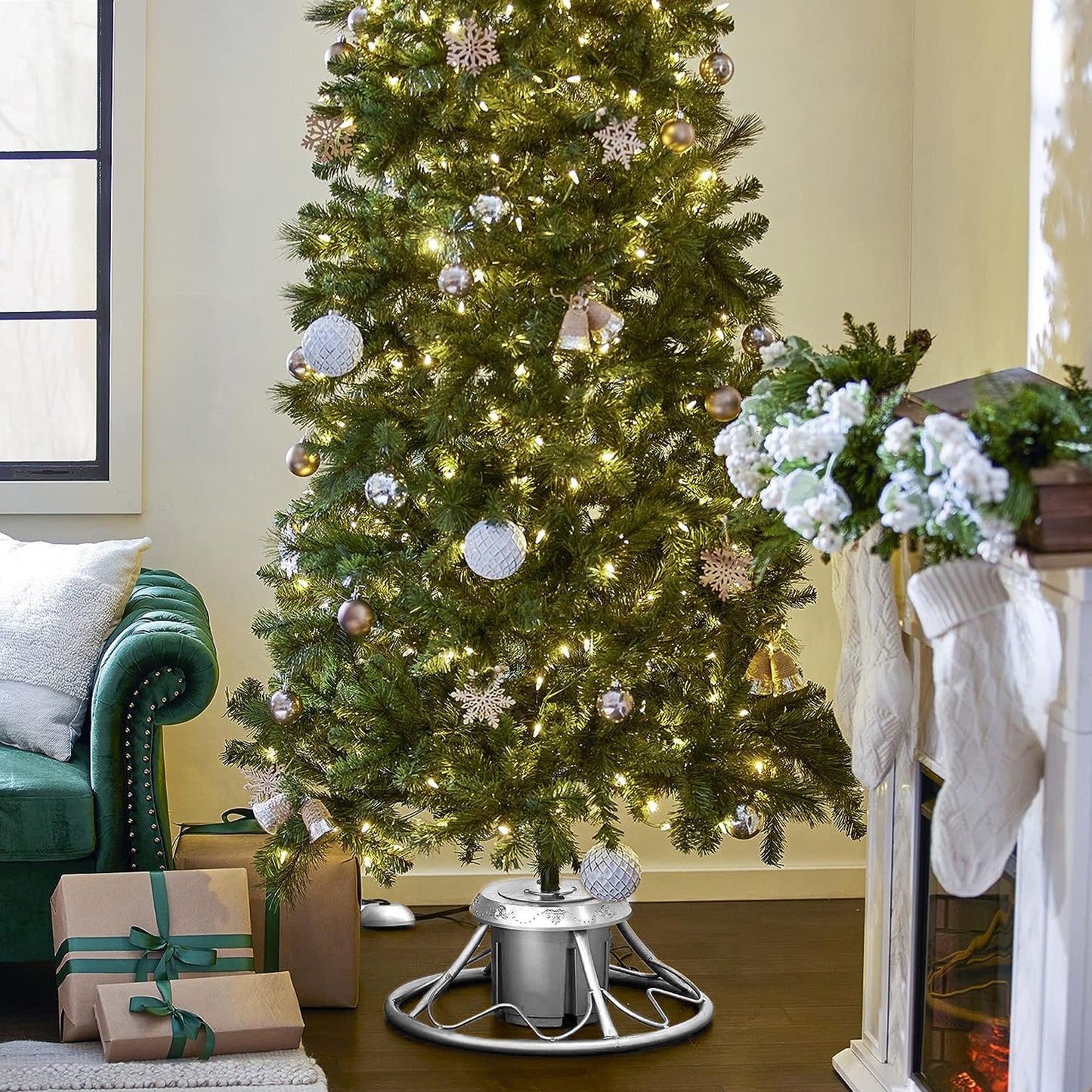 Home Heritage 1-1.75" Artificial Christmas Tree Base Rotating Metal Stand, Silver