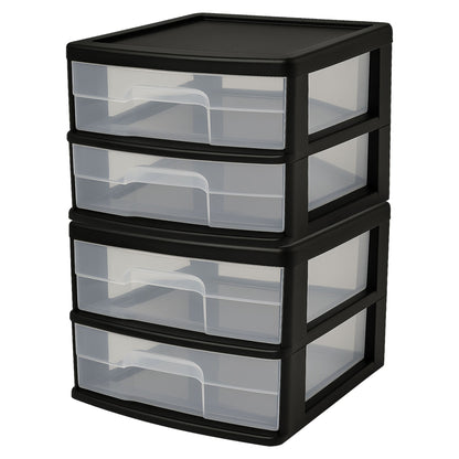 Homz Plastic 2 Drawer Medium Storage Cart, Black Frame with Clear Drawer, 2 Pack