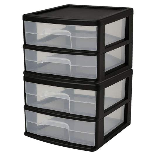 Homz Plastic 2 Drawer Medium Storage Cart, Black Frame with Clear Drawer, 2 Pack