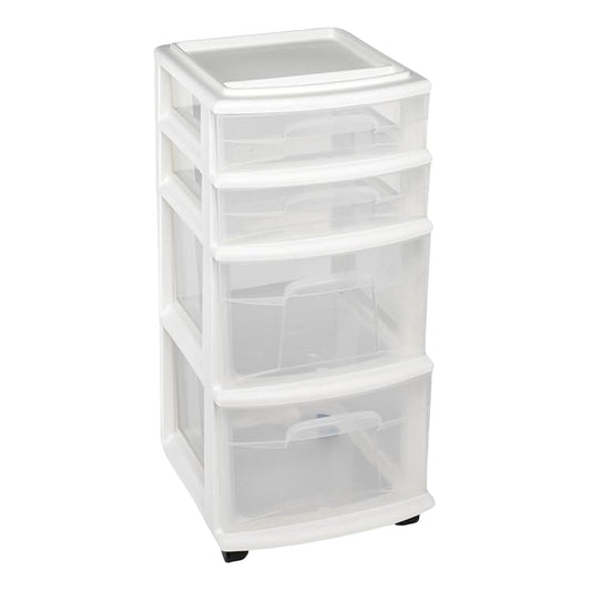 Homz Clear Plastic 4 Drawer Medium Home Storage Container Tower, White Frame