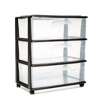 Homz Tall Solid Plastic 3 Drawer Medium Storage Cart with Wheels, Black (2 Pack)
