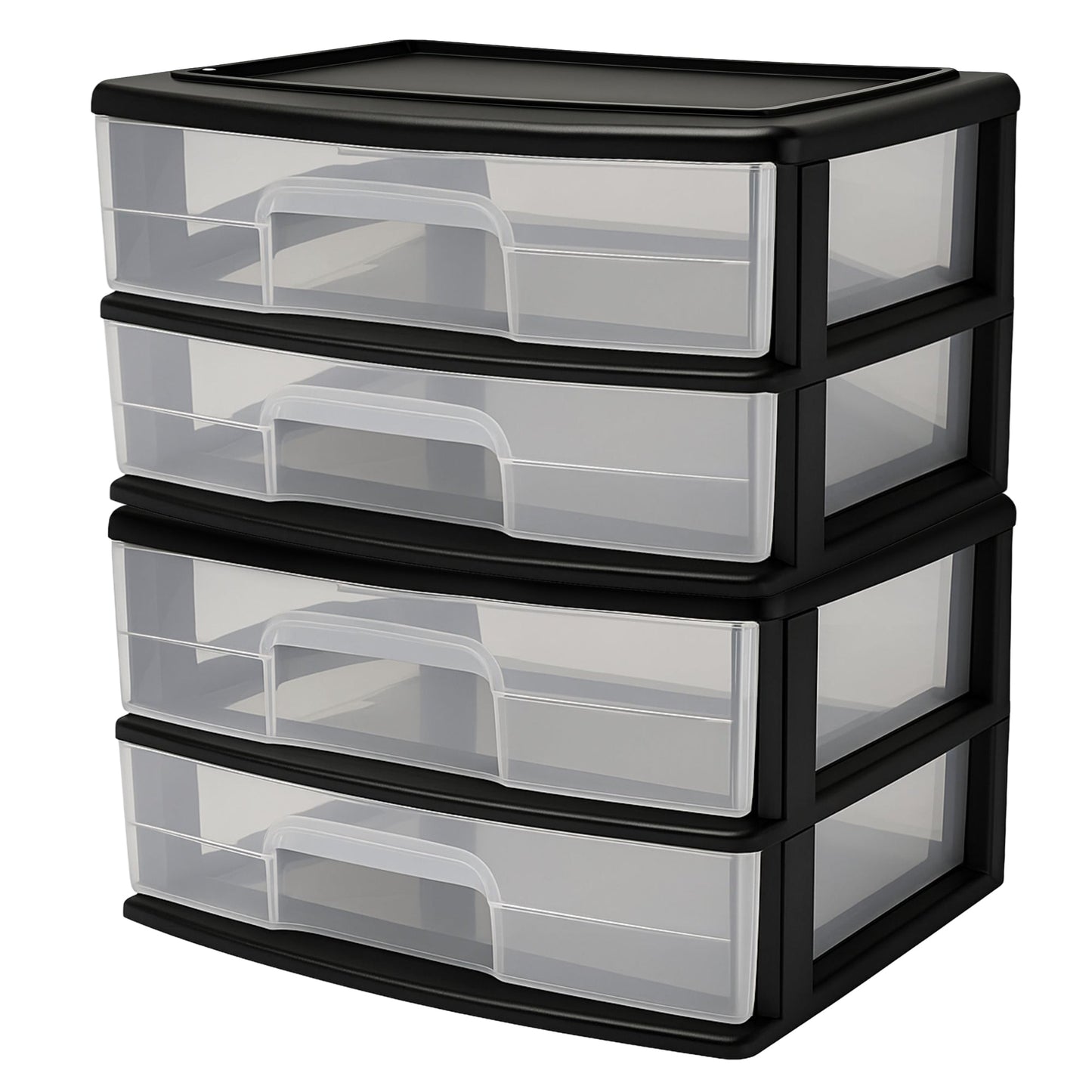 Homz Plastic 2 Drawer Wide Storage Cart, Black Frame with Clear Drawer, 2 Pack