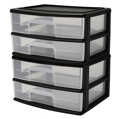 Homz Plastic 2 Drawer Wide Storage Cart, Black Frame with Clear Drawer, 2 Pack