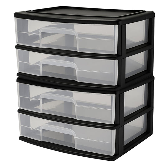 Homz Plastic 2 Drawer Wide Storage Cart, Black Frame with Clear Drawer, 2 Pack