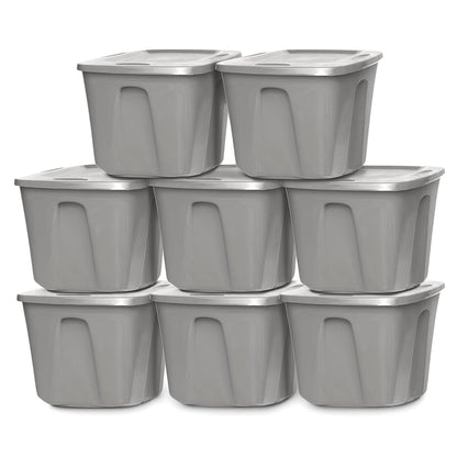 Homz 10 Gallon Heavy Duty Plastic Storage Container, Titanium Silver (8 Pack)