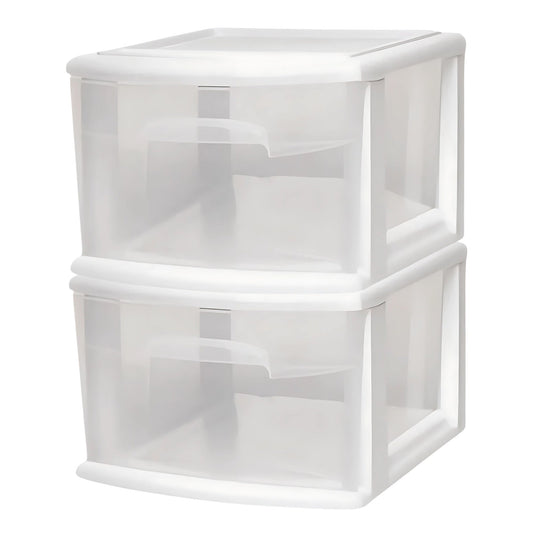 Homz Plastic 1 Drawer Medium Storage Cart, White Frame with Clear Drawer, 2 Pack
