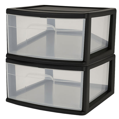 Homz Plastic 1 Drawer Wide Storage Cart, Black Frame with Clear Drawer, 2 Pack