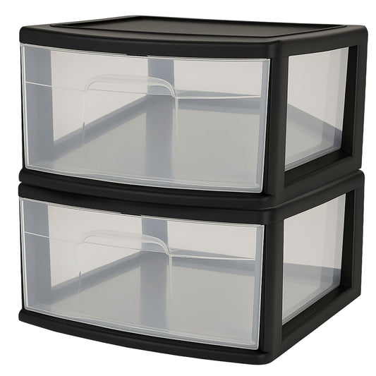 Homz Plastic 1 Drawer Wide Storage Cart, Black Frame with Clear Drawer, 2 Pack