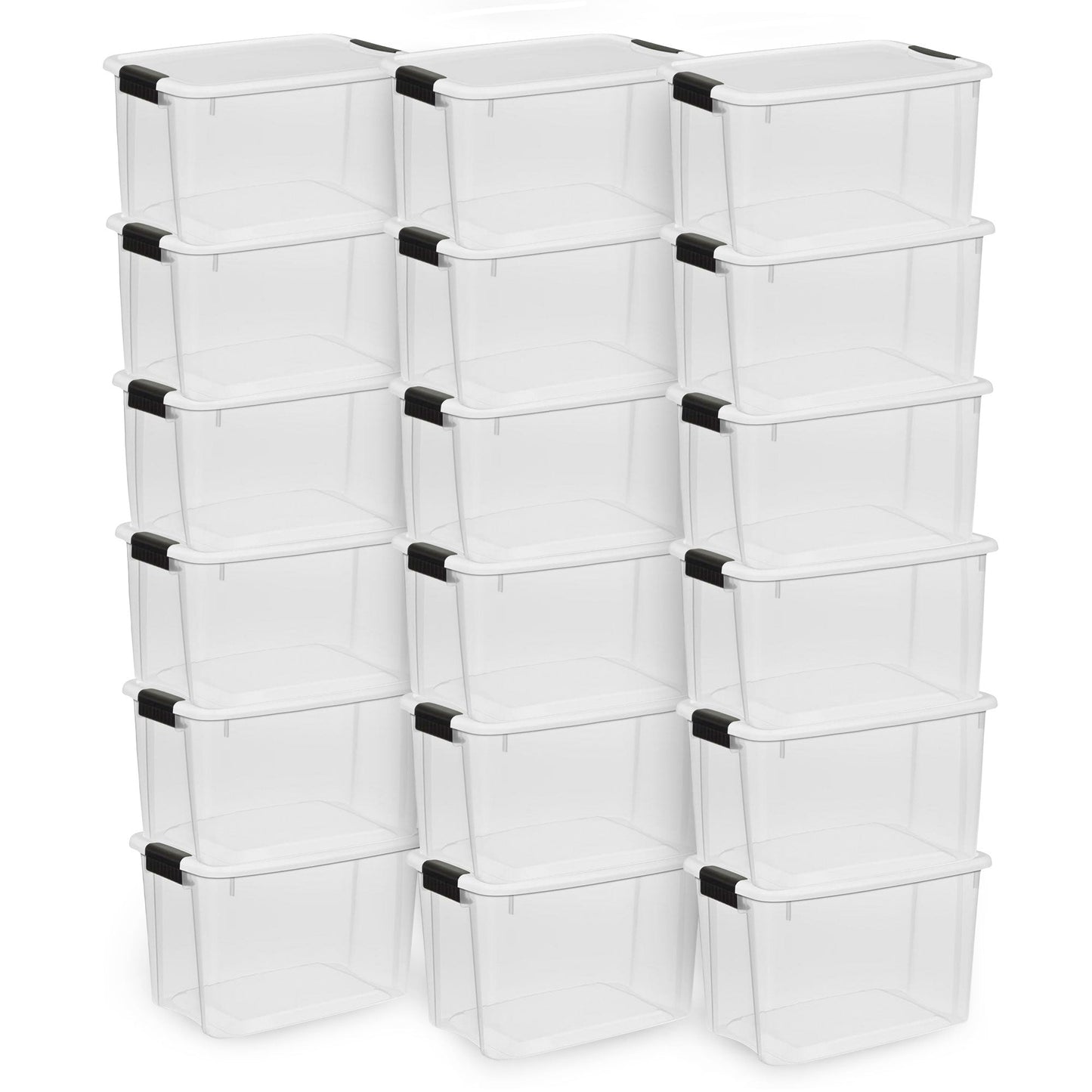 Sterilite 30 Qt Clear Plastic Stackable Storage Bin w/ White Latch Lid, 18 Pack