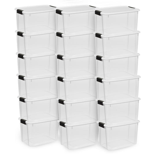 Sterilite 30 Qt Clear Plastic Stackable Storage Bin w/ White Latch Lid, 18 Pack