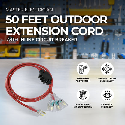 Master Electrician 50 Feet Outdoor Extension Cord with Inline Circuit Breaker
