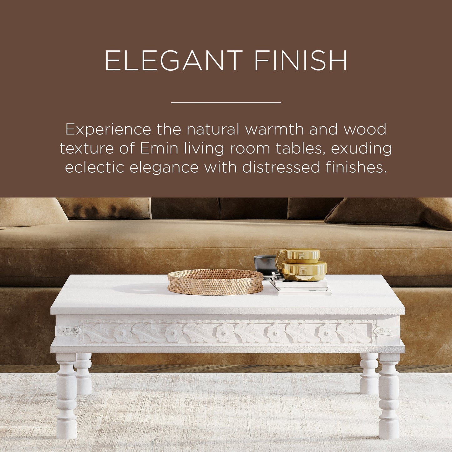 Emin Nomad Wooden Rectangular Coffee Table in White Distressed Finish