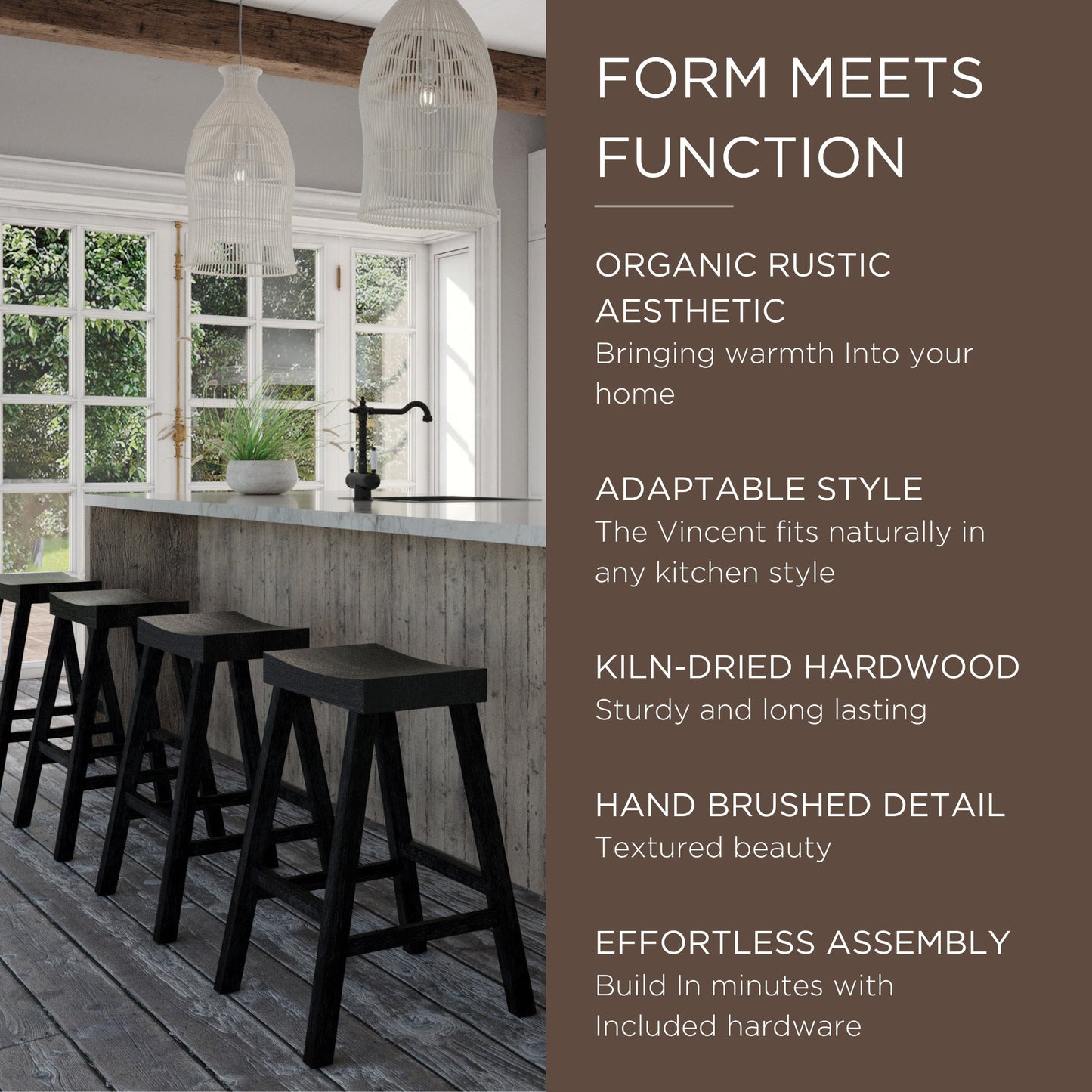 Maven Lane Vincent Wooden Rustic Aesthetic Kitchen Counter Stool, Set of 3