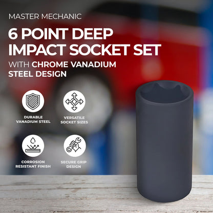 Master Mechanic 6 Point Deep Impact Socket Set with Chrome Vanadium Steel Design