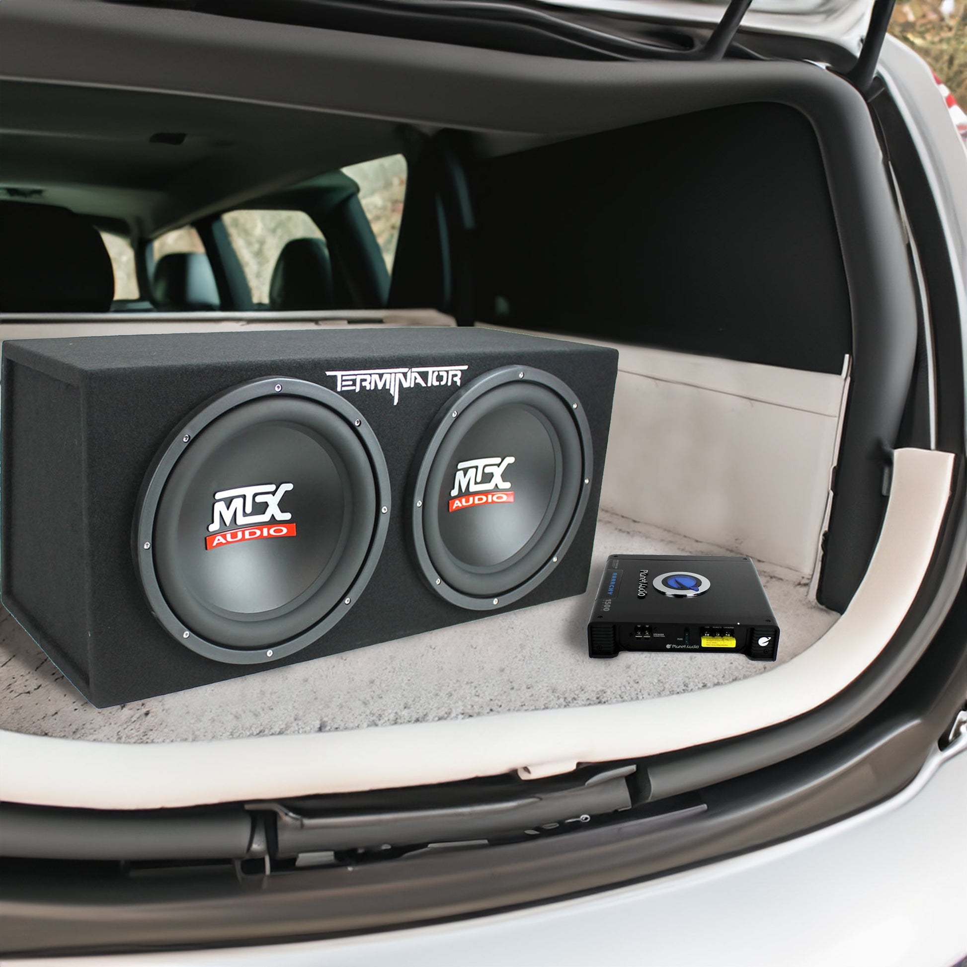 MTX 12" Dual Subwoofer Enclosure, Planet Audio Amplifier, 2 Soundstorm Wire Kits - Find Fresh Goods