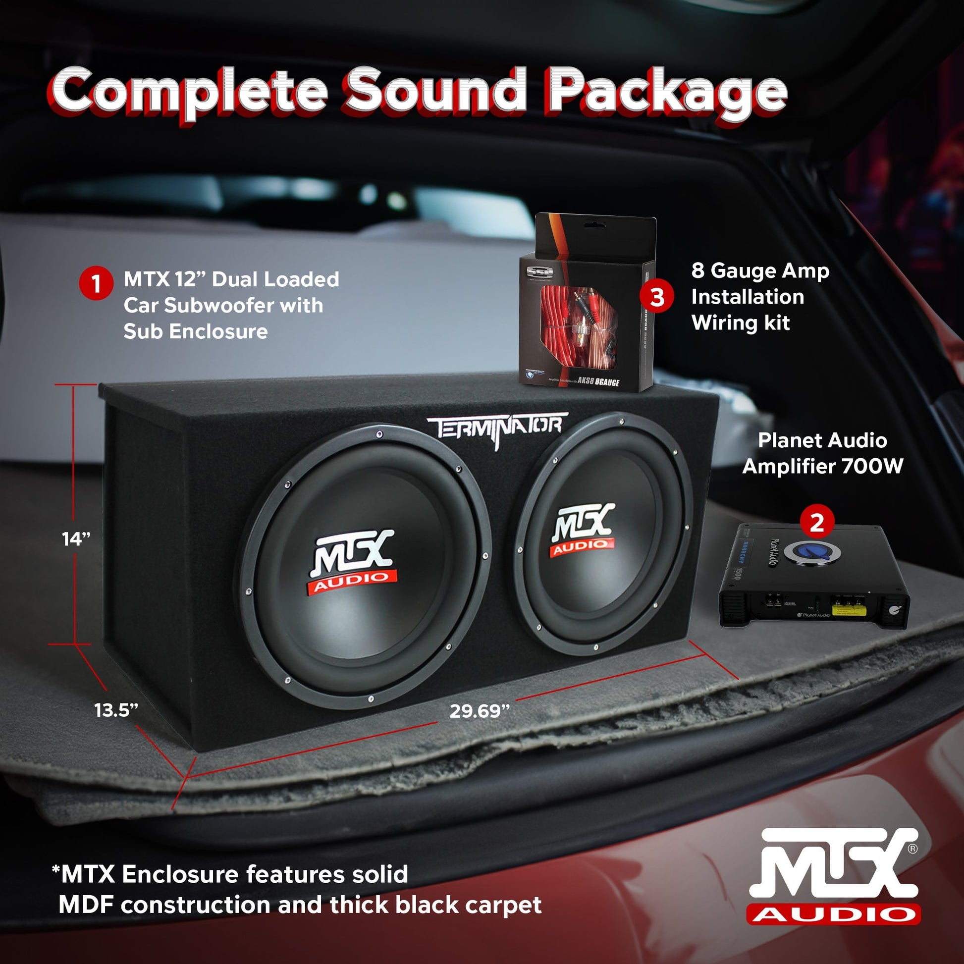 MTX TNE212D 12" 1200W Dual Loaded Car Subwoofers Box & Planet 1500W Amp with Kit - Find Fresh Goods