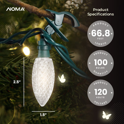 NOMA Quick Clip C9 LED 100 Bulbs Christmas String Lights, White Bulbs (2 Pack)