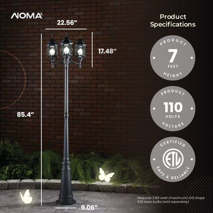 NOMA 7' Outdoor Lamp Post Triple Head All Weather Classic Decor Light, Black