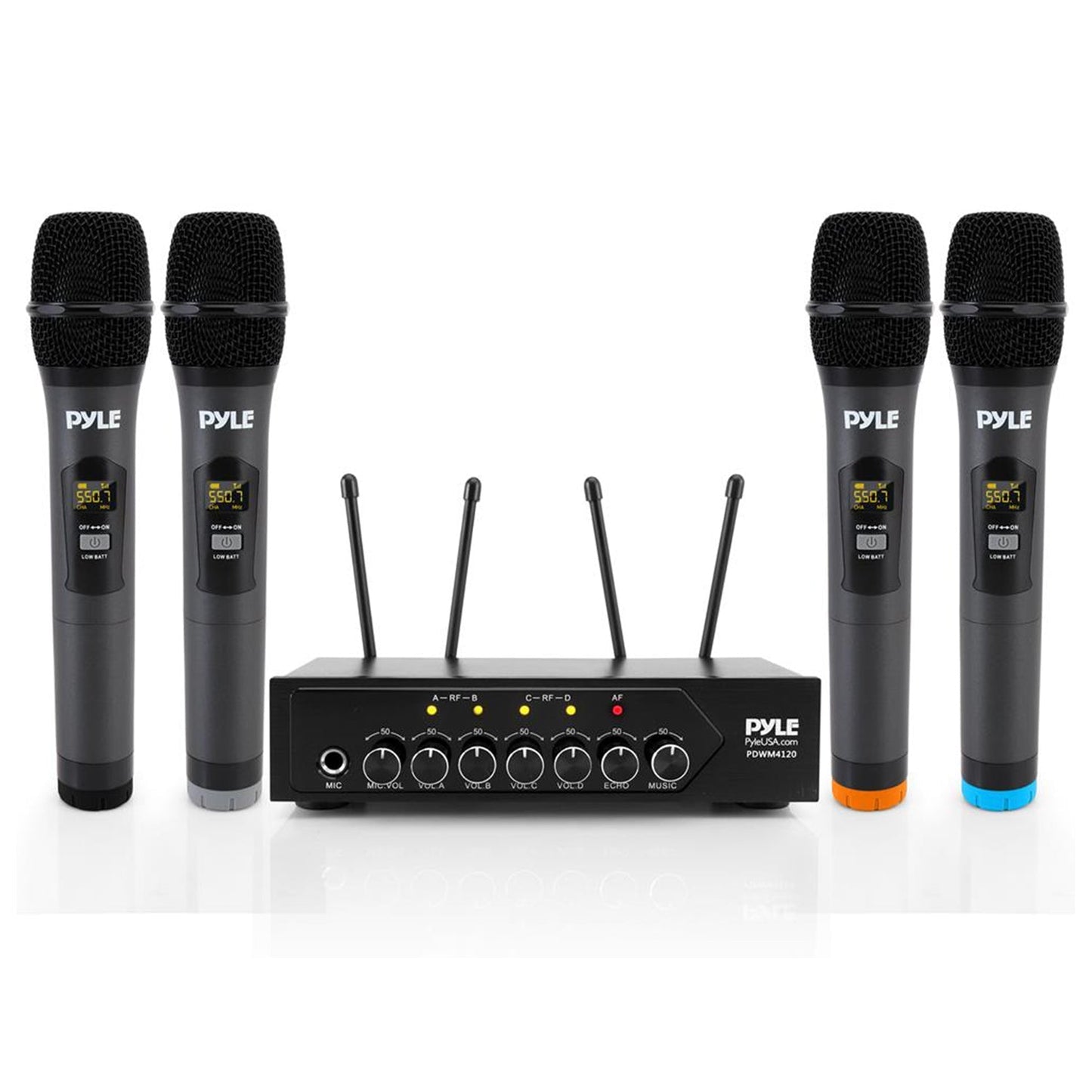 Pyle Wireless Microphone System Set w/ Bluetooth Receiver Base & 4 Handheld Mics
