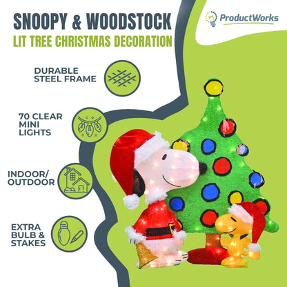 ProductWorks Peanuts 32" Snoopy and Woodstock Pre-Lit Christmas Tree Yard Decor