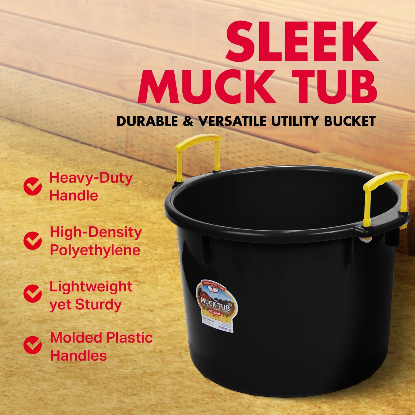 Little Giant 40 Quart Durable and Versatile Utility Muck Tub w/Handles, Black