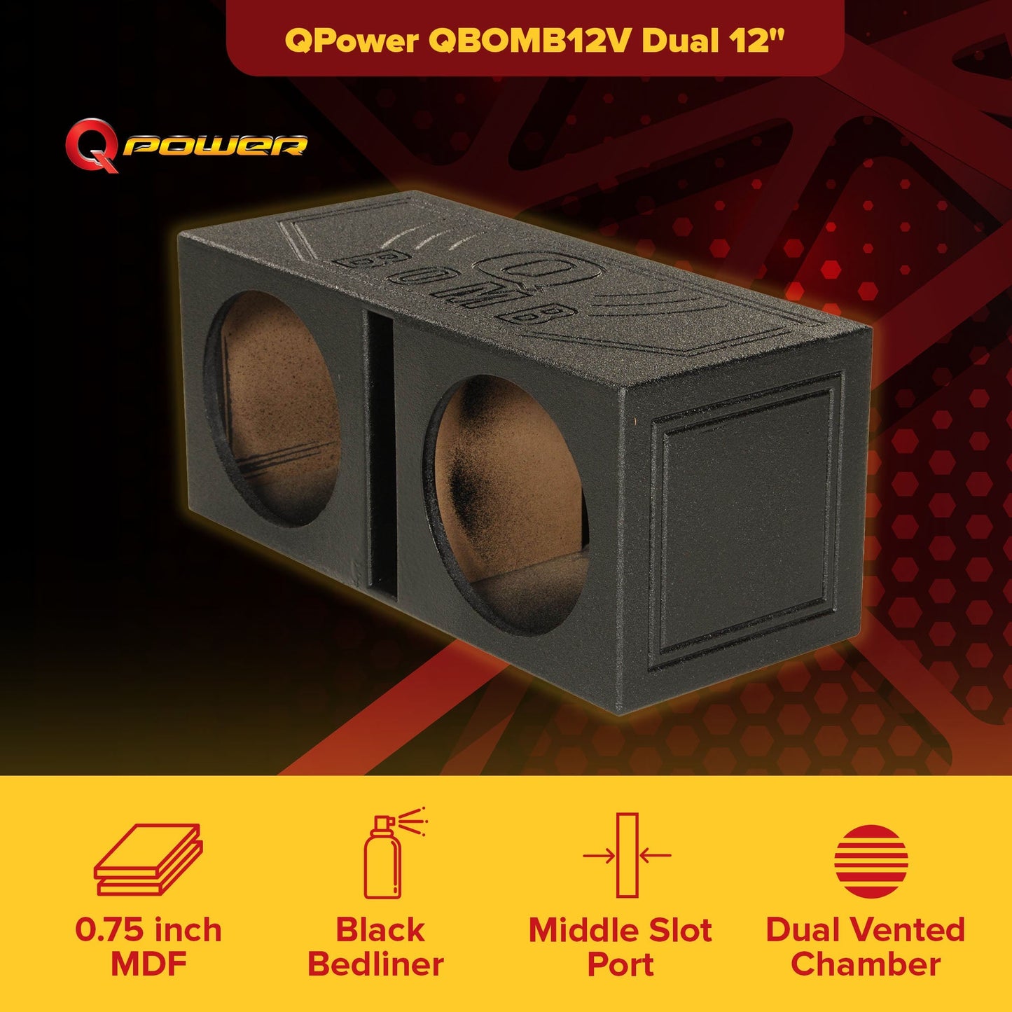 QPower QBOMB12V Dual 12" Vented Ported Subwoofer Sub Box with Bedliner Spray - Find Fresh Goods